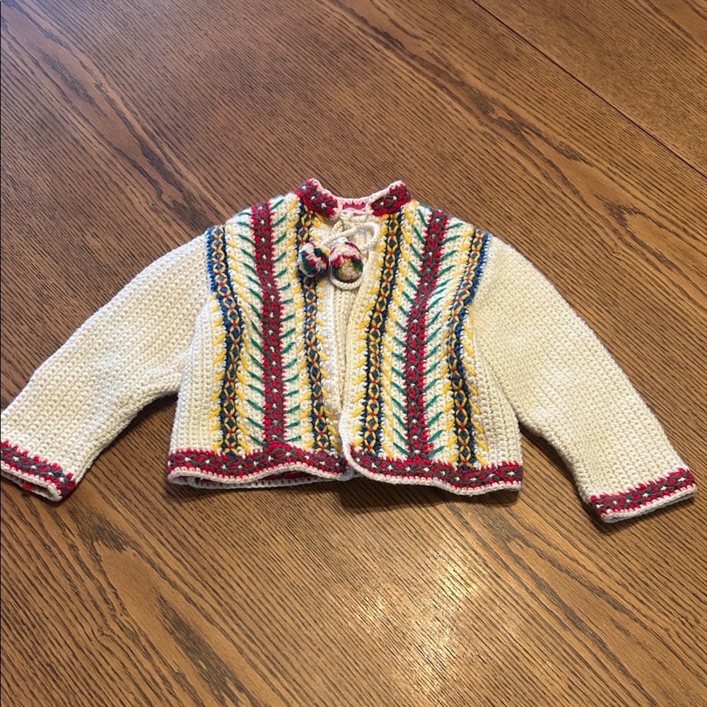 Hand-Knit Cream Kids Cardigan with Multicolor Trim